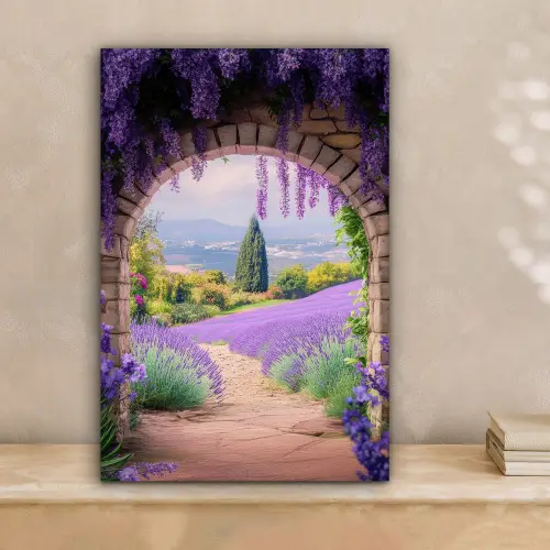 Doorkijk - Lavendel - Bloemen - Paars - Poort canvas 2cm klein -sfeer1