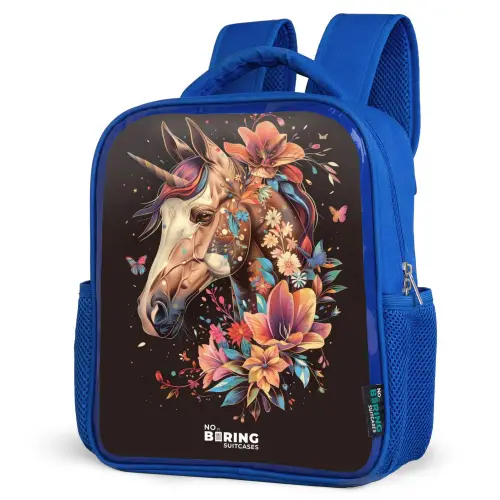 Eenhoorn en Bloemen op Zwarte Achtergrond Kinderrugzak - Blauw middel -schuin