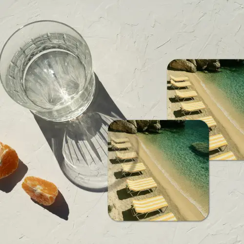Strandbedden - Zee - Stenen - Baai onderzetter kurk middel -sfeer4