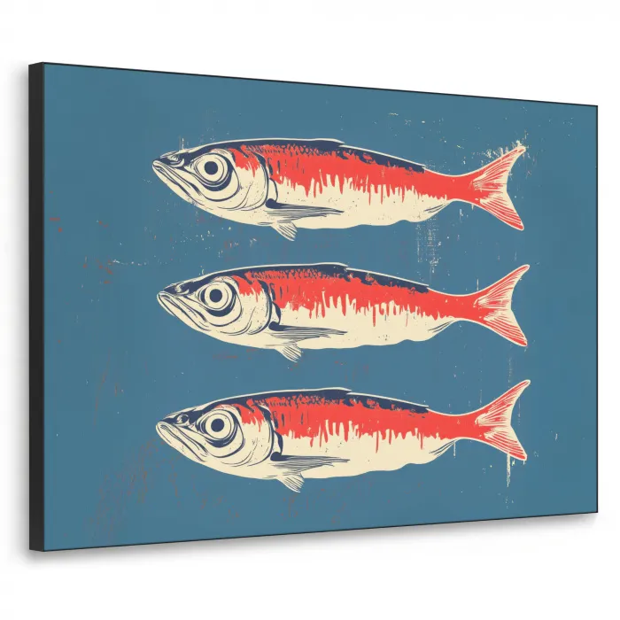 Vissen - Rood - Blauw Textielframe zwart klein -3d