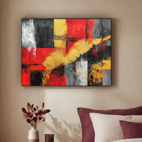 Abstracte kunst - Goud - Zwart Textielframe zwart klein -sfeer1