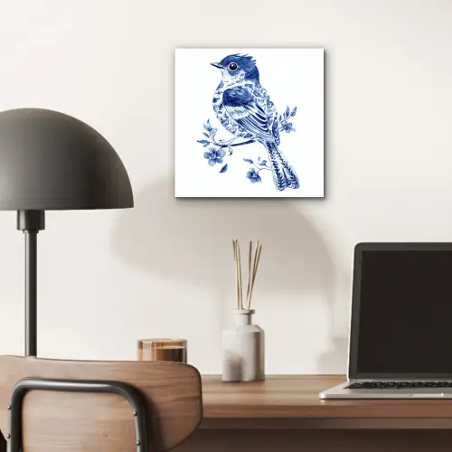 Vogel - Delfts blauw - Illustratie - Bloemen aluminium wit klein -sfeer5