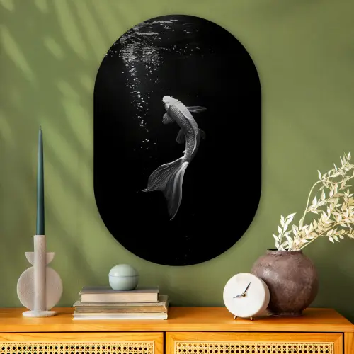 Koi - Vis - Wit - Zwart Wandcirkel Ovaal Glas middel -sfeer2