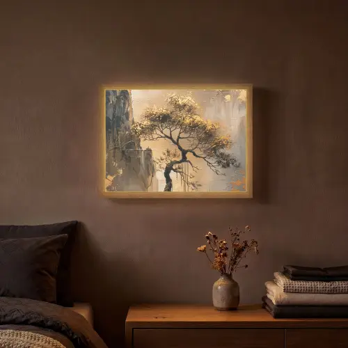 Boom - Goud - Landschap - Verf Light Box met batterij (Wandlamp) middel -sfeer4