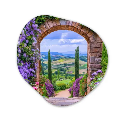 Doorkijk - Toscane - Landschap - Poort Wandcirkel Organisch Plexiglas middel -3d
