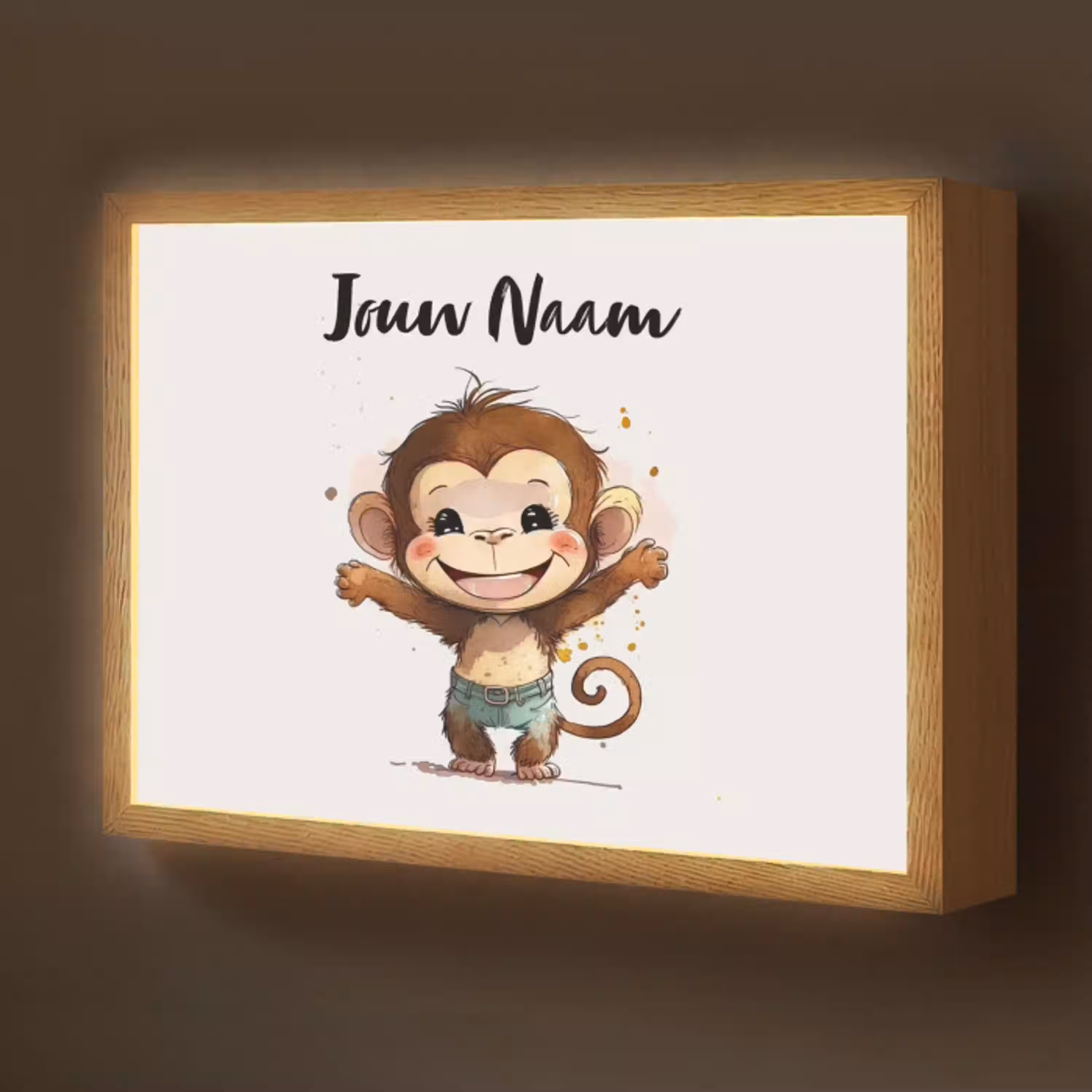 Aap - Bruin - Waterverf - Dieren - Meiden - Jongens Light Box met batterij (Wandlamp kind) middel -z3d_website