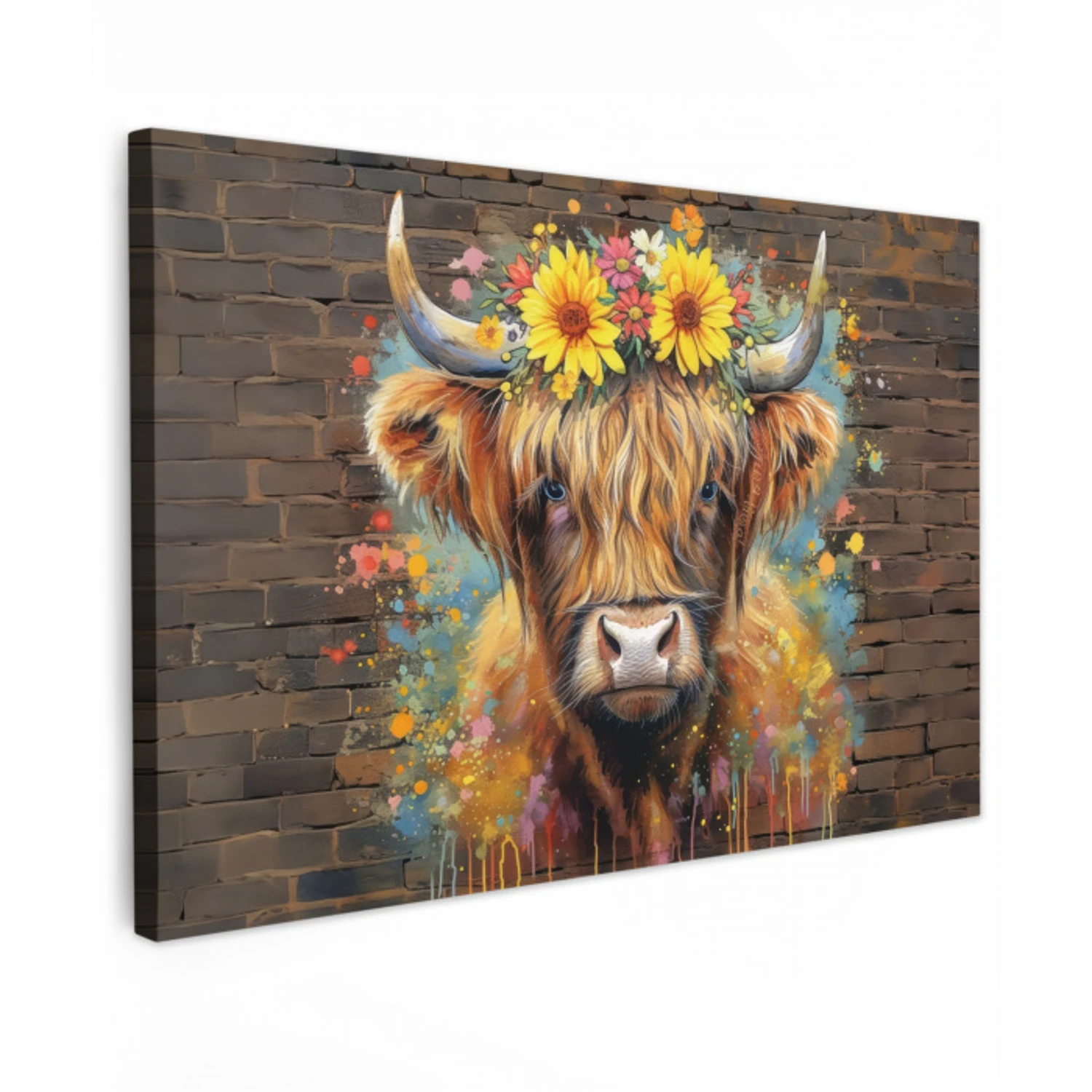 Hooglander met Bloemenkroon Tuinposter op houten frame 2 cm dik klein -3d