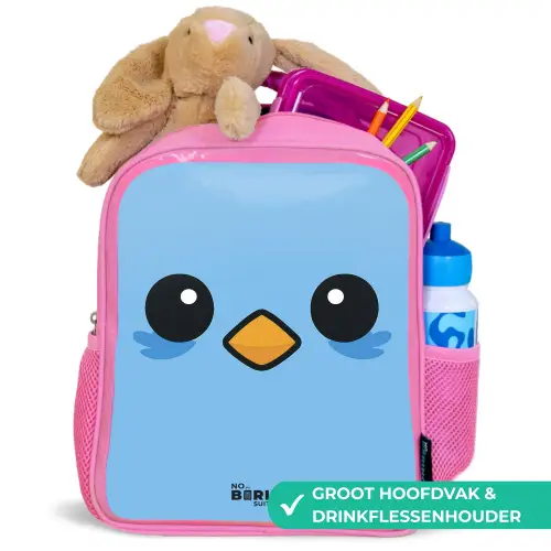Kawai - Vogel - Blauw Kinderrugzak - Roze middel -inhoud_NL