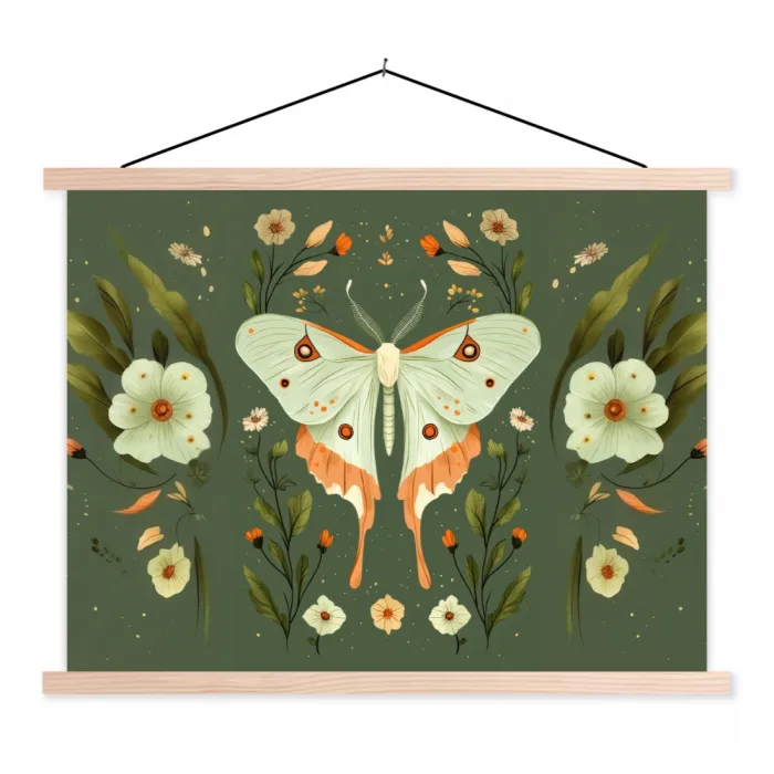 Bloemen - Bladeren - Olijfgroen - Vlinder textielposter latten blank klein -3d