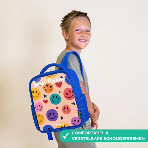 Vrolijk Smiley-patroon Kinderrugzak - Blauw middel -sfeer3_NL