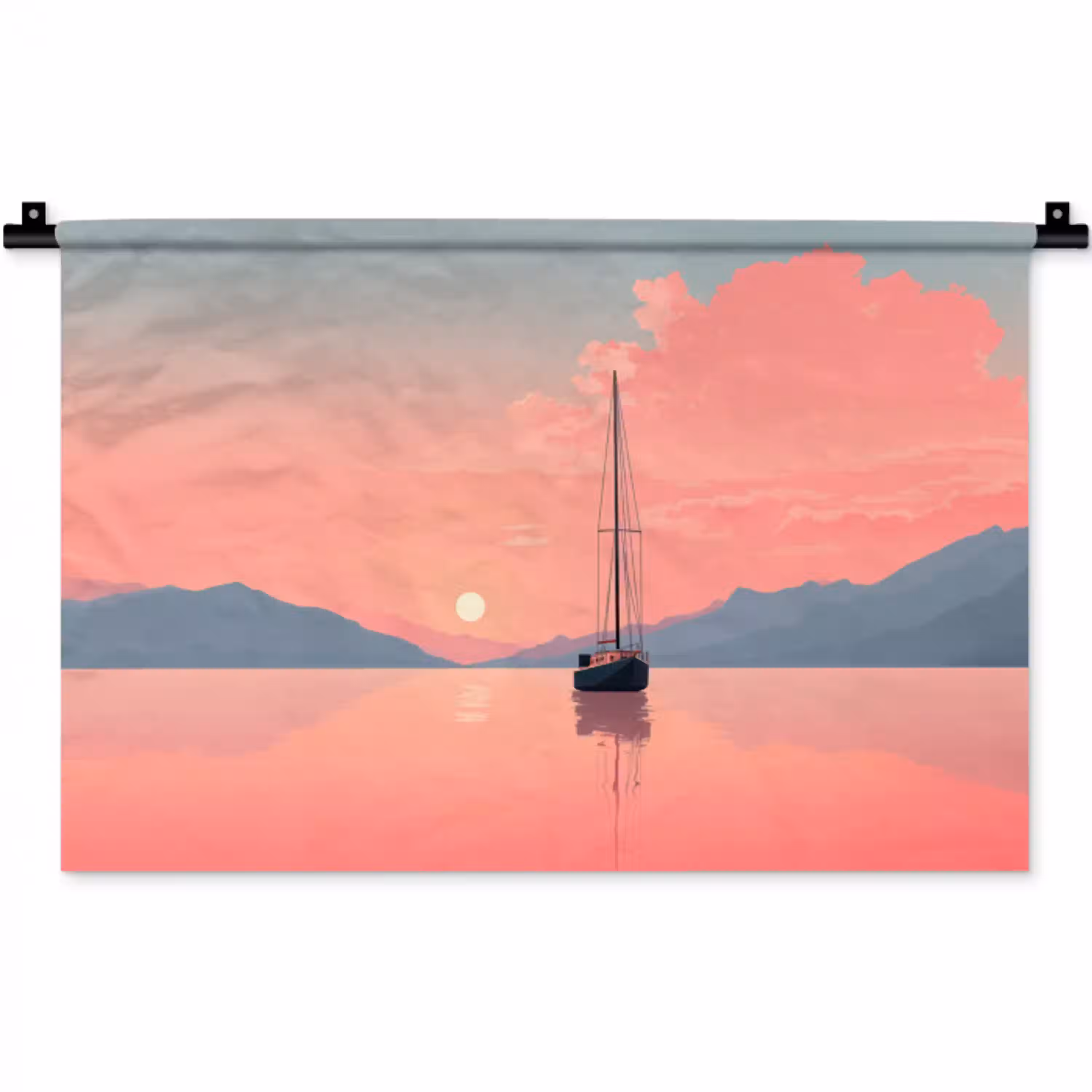 Zeilboot - Roze zee - Zonsondergang - Bergen Wandkleed katoen klein -zz3d