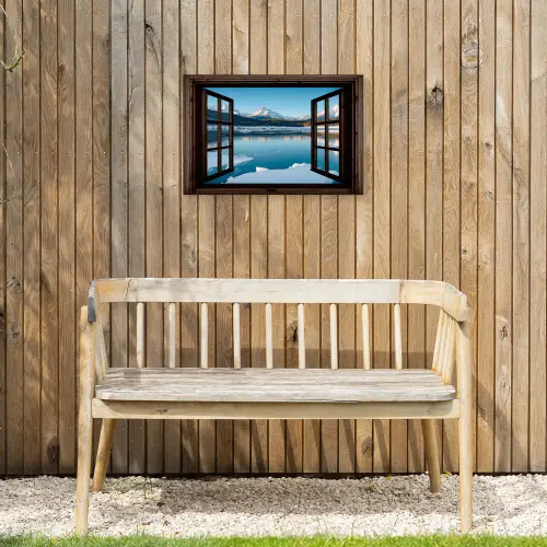 Doorkijk - Winterlandschap - Meer - Bergen - Uitzicht Tuinposter op houten frame 2 cm dik klein -sfeer4