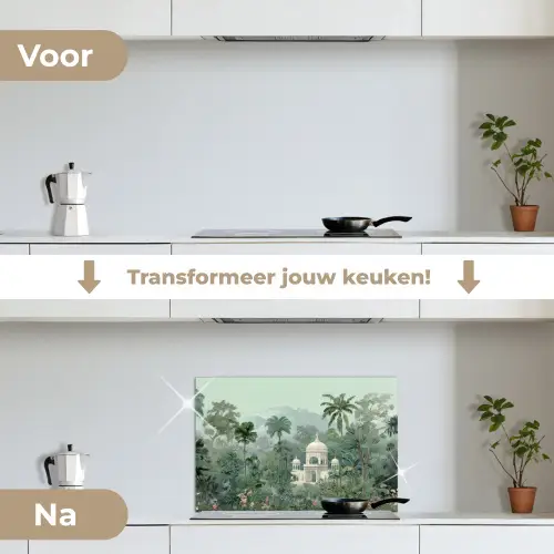 Tropische tuin - Koepelgebouw - Bloemen keuken achterwand spatscherm klein -voor_na_NL