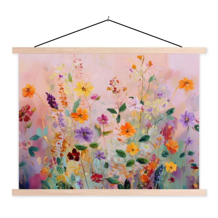 Schilderij - Bloemen - Abstract - Kleurrijk textielposter latten blank klein -3d