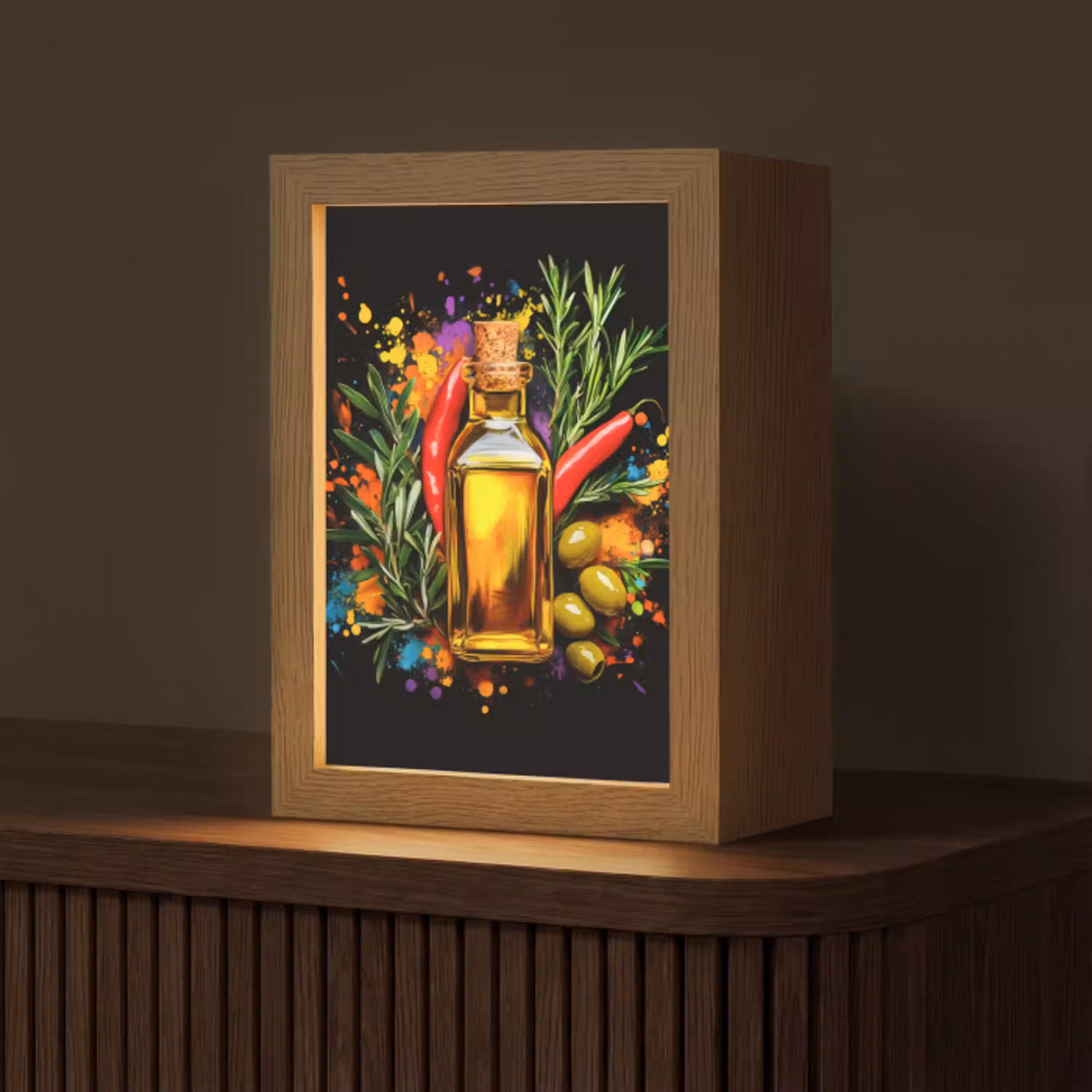 Olijfolie - Graffiti - Peper - Olijven - Modern Light Box met kabel (Tafellamp) klein -z3d_website