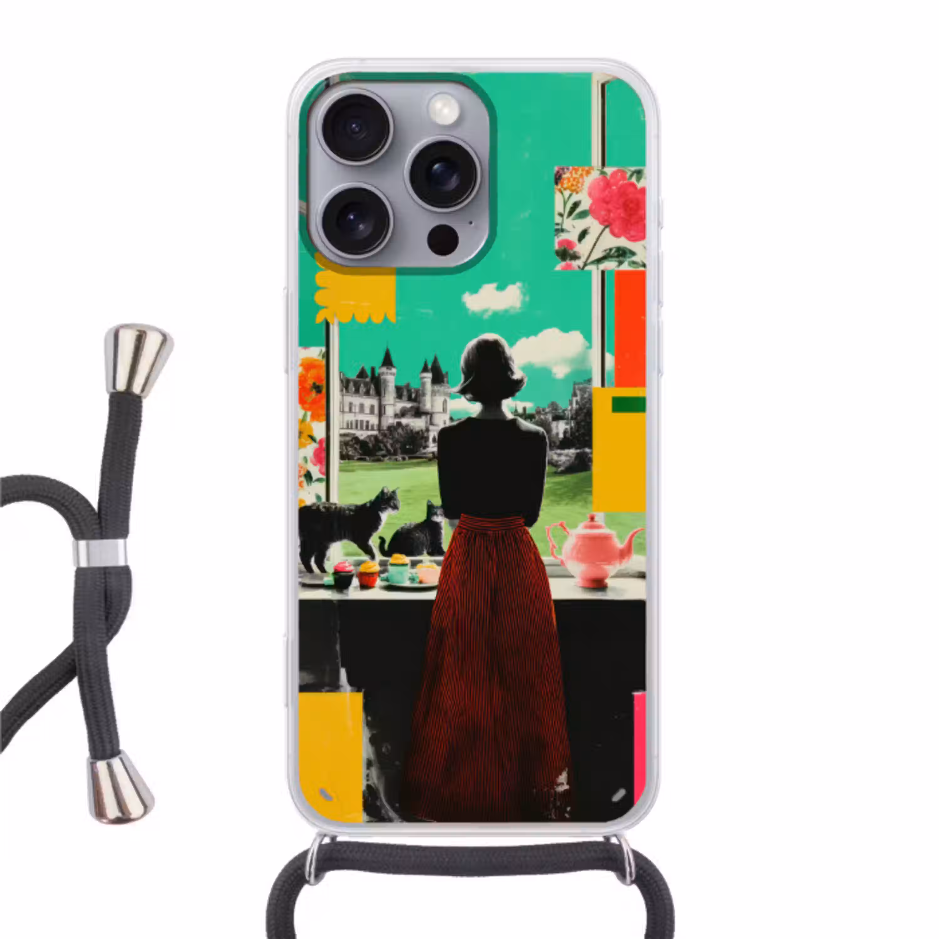 Vrouw - Keuken - Katten - Doorkijk Hoesje iPhone 16 Pro Max met koord klein -3d