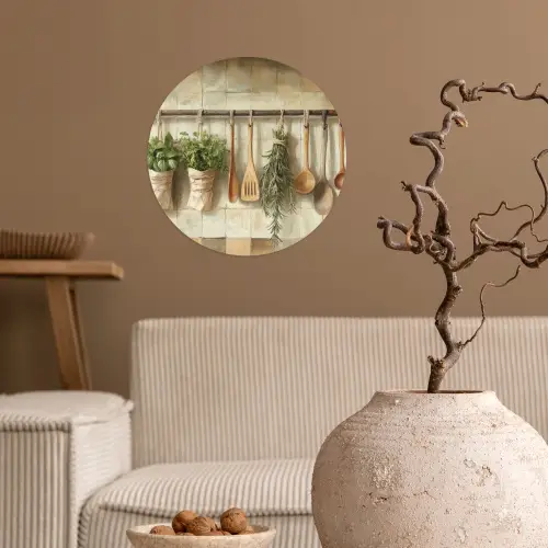 Hout - Keukengerei - Stilleven - Tegels Wandcirkel behangsticker klein -sfeer1