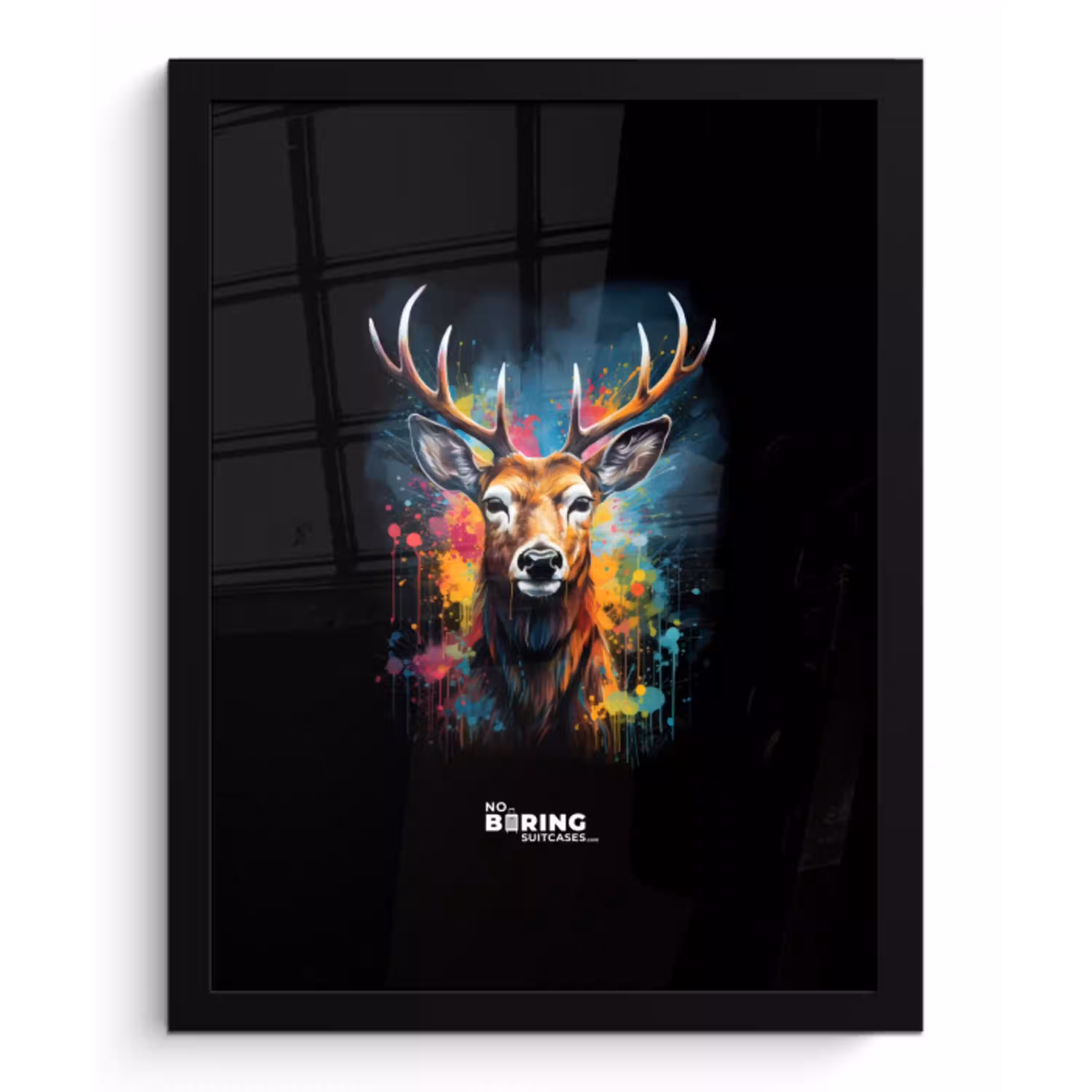 Hert met gewei tussen graffiti spray fotolijst zwart zonder passe partout klein -3d