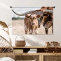 Texas Longhorn - Kalf - Weide - Dieren Wandkleed katoen middel -sfeer5