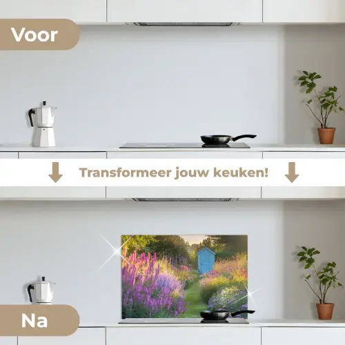 Tuinhuisje - Blauw - Bloemen keuken achterwand spatscherm klein -voor_na_NL