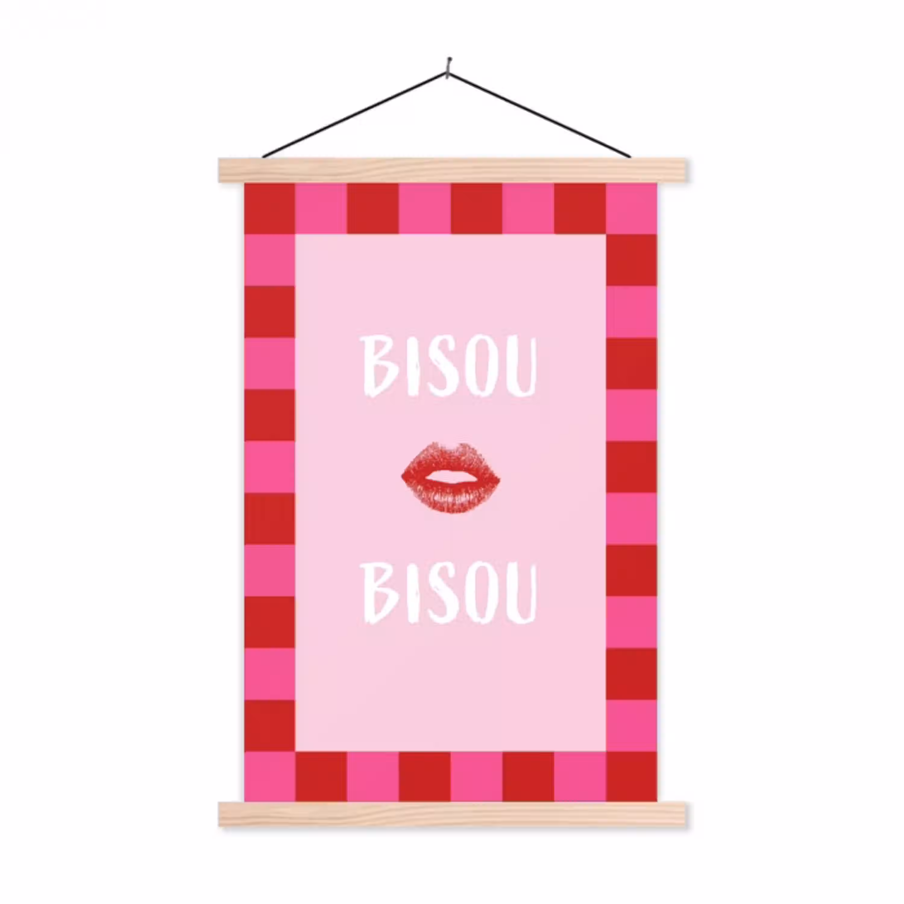 Kiss - Roze - Frans - Valentijn textielposter latten blank klein -3d