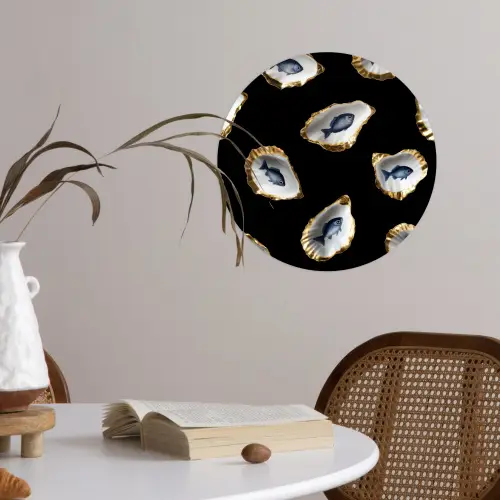 Oesters - Vissen - Blauw - Goud Wandcirkel behangsticker klein -sfeer3