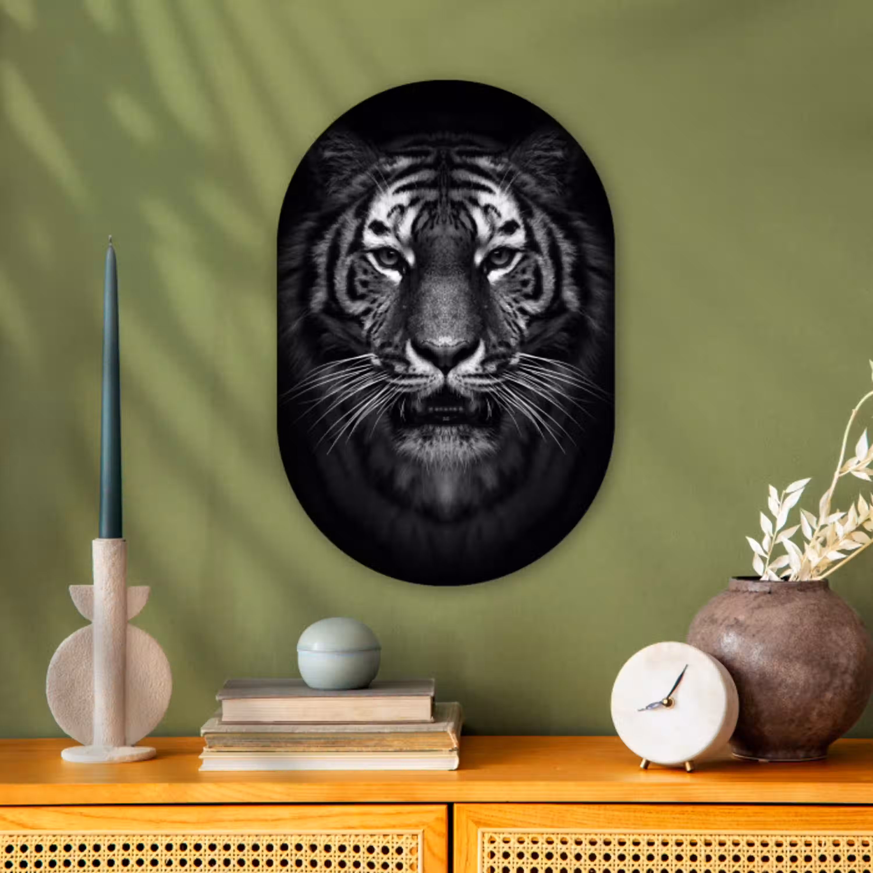 Tijger - Dieren - Zwart - Wit - Portret - Wild Wandcirkel Ovaal Forex klein -sfeer2