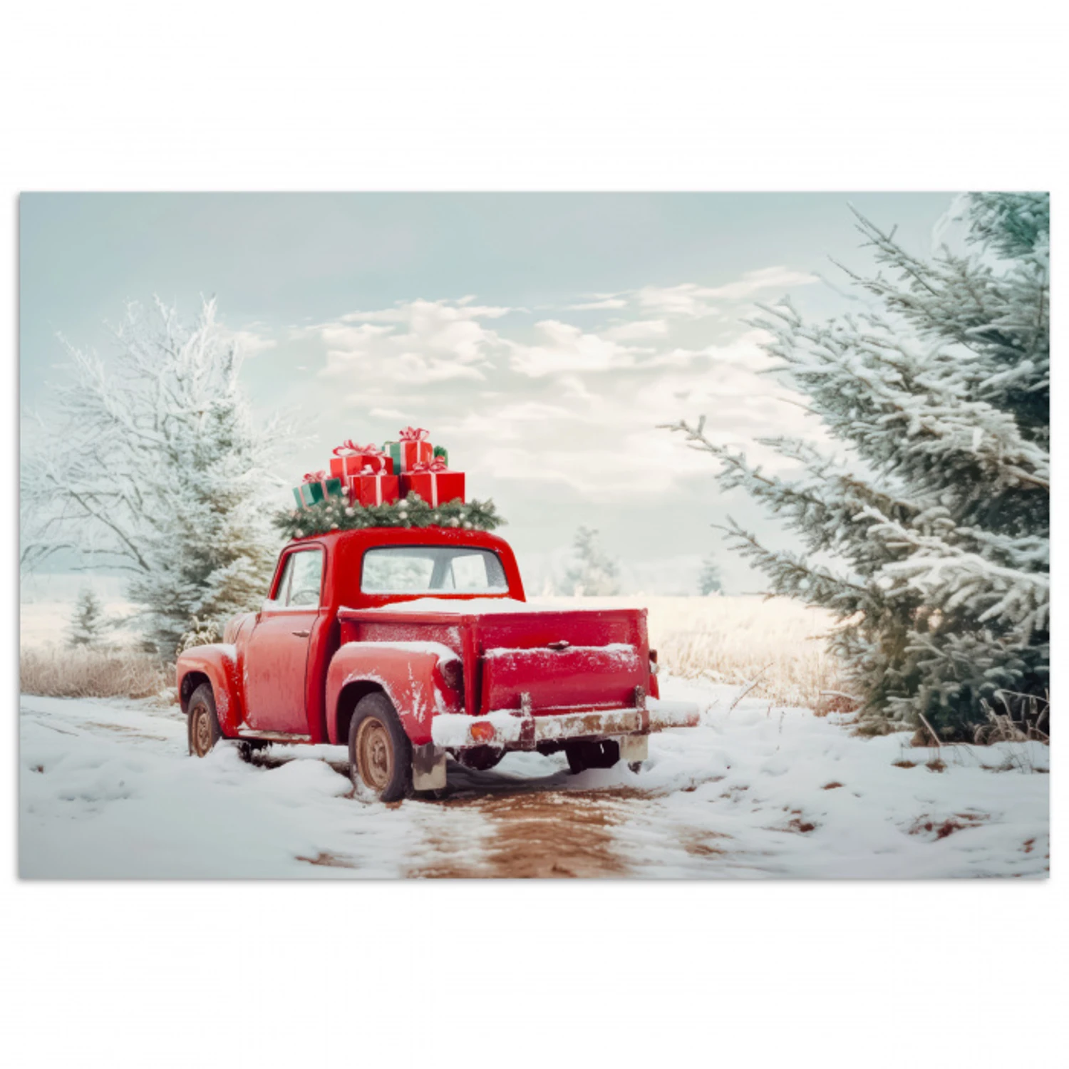 Auto - Rood - Cadeaus - Winter - Sneeuw - Kerst poster papier klein -3d