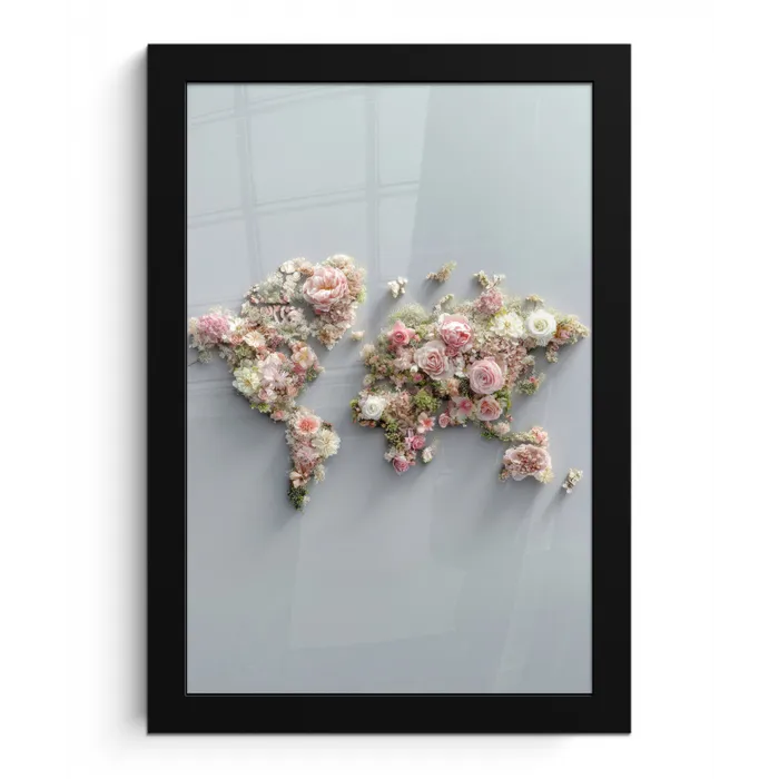 Wereldkaart - Rozen - Roze fotolijst zwart zonder passe partout klein -3d