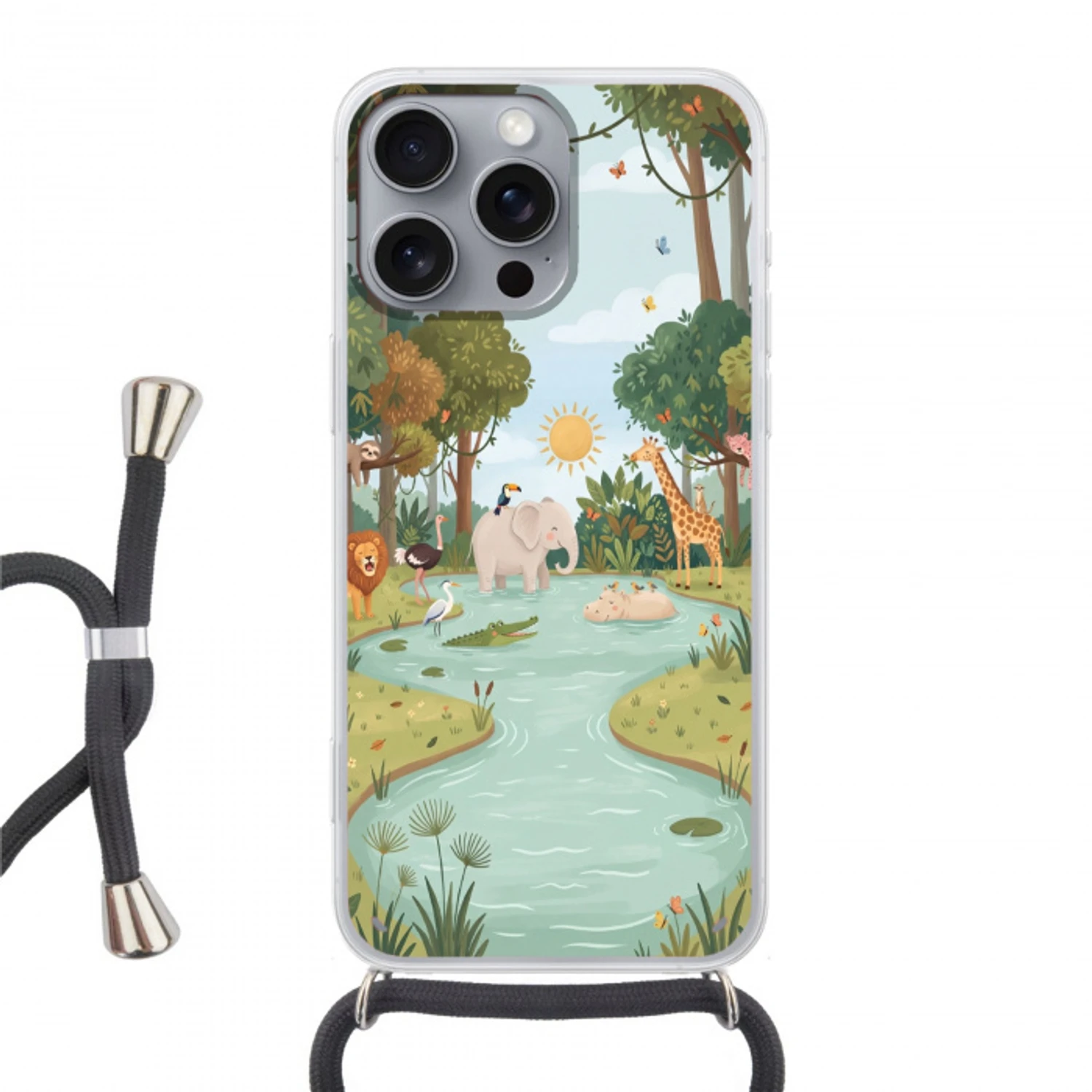 Jungle - Oase - Dieren - Kleurrijk Hoesje iPhone 16 Pro Max met koord klein -3d
