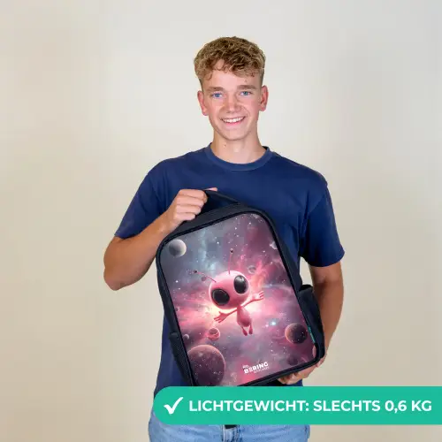 Roze Alien in Sterrennevel Rugzak - Zwart middel -sfeer7_NL