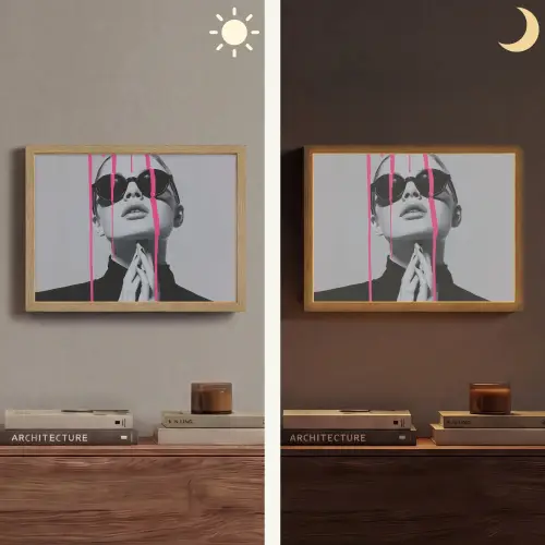 Portret - Vrouw - Zonnebril - Verfdruppels Light Box met batterij (Wandlamp) middel -sfeer3