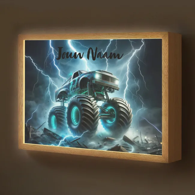 Lightbox - Wandlamp kinderkamer met naam - Monstertruck - Bliksem - Blauw - Jongens - Auto