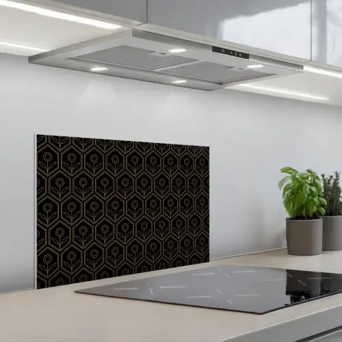 Zeshoek - Zwart - Goud - Bloem keuken achterwand spatscherm klein 900 -3d_schuin