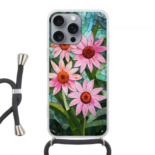 Bloemen - Roze - Glasmozaïek Hoesje iPhone 16 Pro Max met koord klein -3d