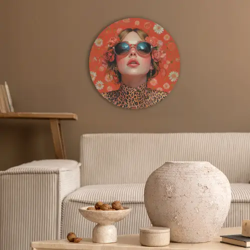 Vrouw - Kleurrijk - Dierenprint - Bloemen Akoestische PET Vilt - Rond klein -sfeer1