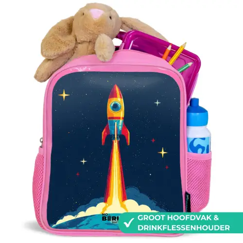 Planeet - Raket - Sterren - Donkerblauw Kinderrugzak - Roze middel -inhoud_NL