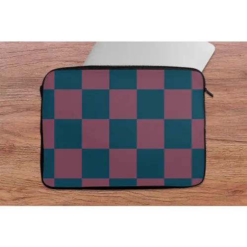 Schaakbord print - Blauw - Rood - Blokjes laptophoes neopreen klein -tafel