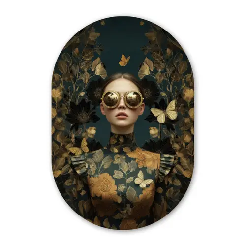 Vrouw - Bladeren - Goud - Vlinders Wandcirkel Ovaal Forex klein -3d