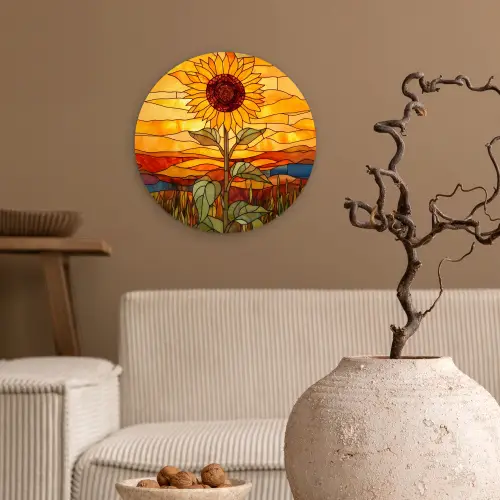 Zonnebloem - Mozaïek - Zonsondergang - Geel Wandcirkel kunststof plaat 5mm dik klein -sfeer1