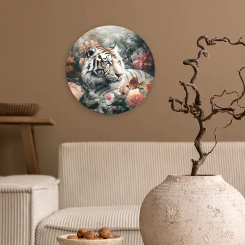 Tijger - Wilde dieren - Bloemen - Jungle Wandcirkel kunststof plaat 5mm dik klein -sfeer1