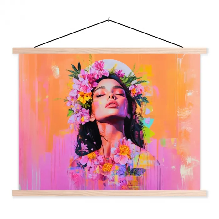 Portret - Bloemenkroon - Vrouw textielposter latten blank klein -3d