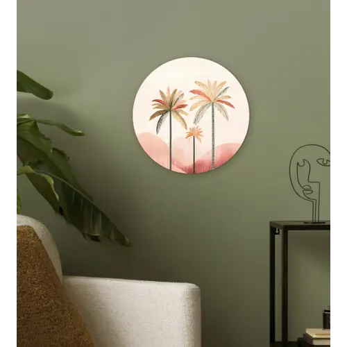 Palmbomen - Heuvels - Minimalistisch - Zachtroze Wandcirkel kunststof plaat 5mm dik klein -sfeer3