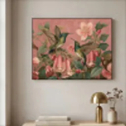 Kolibries - Bloemen - Groen - Roze Textielframe - compleet frame klein -sfeer2
