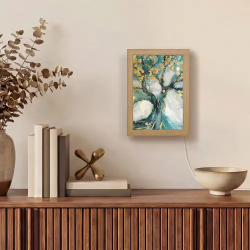 Boom - Modern - Verflook - Turquoise - Goud Light Box met kabel (Tafellamp) klein -sfeer2