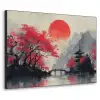Rode zon - Rivier - brug - Bomen Textielframe zwart klein -3d