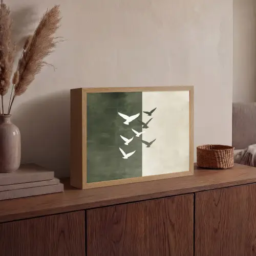 Japandi - Vogel - Groen Light Box met batterij (Wandlamp) middel -sfeer2