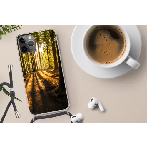 Zon - Bomen - Bos - Landschap Hoesje iPhone 12 Pro met koord klein -oordop