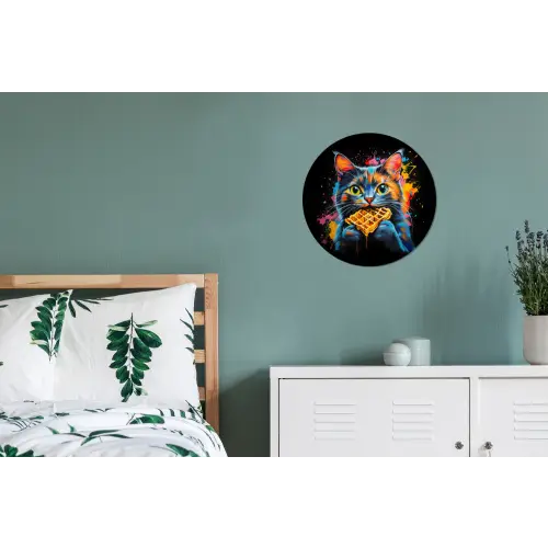 Kat - Graffiti - Kleurrijk - Wafel - Eten Wandcirkel aluminium klein -slaapkamer