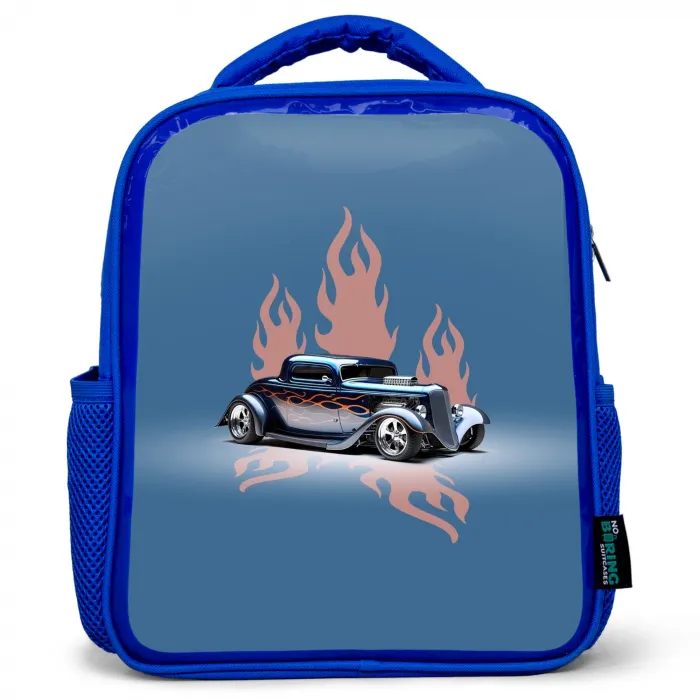 Blauwe auto met roze vlammen Kinderrugzak - Blauw middel -3d